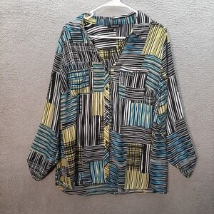 Relativity Shirt Womens 2X Blue Multicolor Abstract Blouse Roll Tab Preppy Top